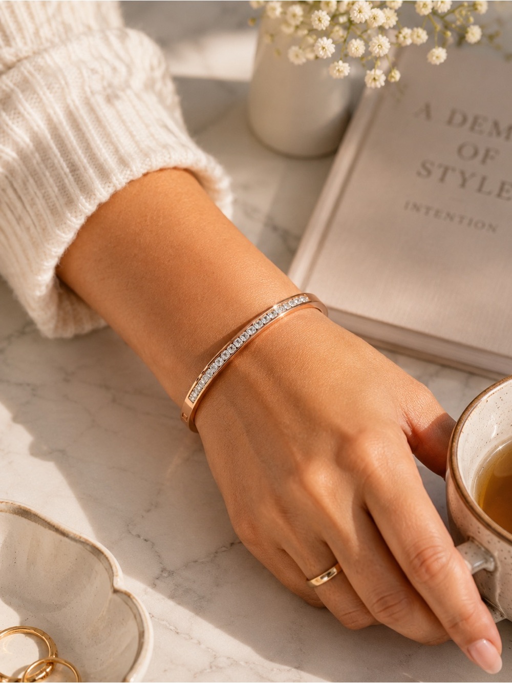 18K Rose Gold Rhinestone Bangle Bracelet Waterproof Stainless Steel